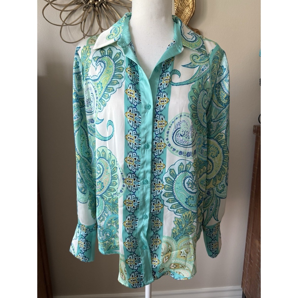 Lavender Brown Blouse NWT Paisley Turquoise Button Down Long Sleeve Large